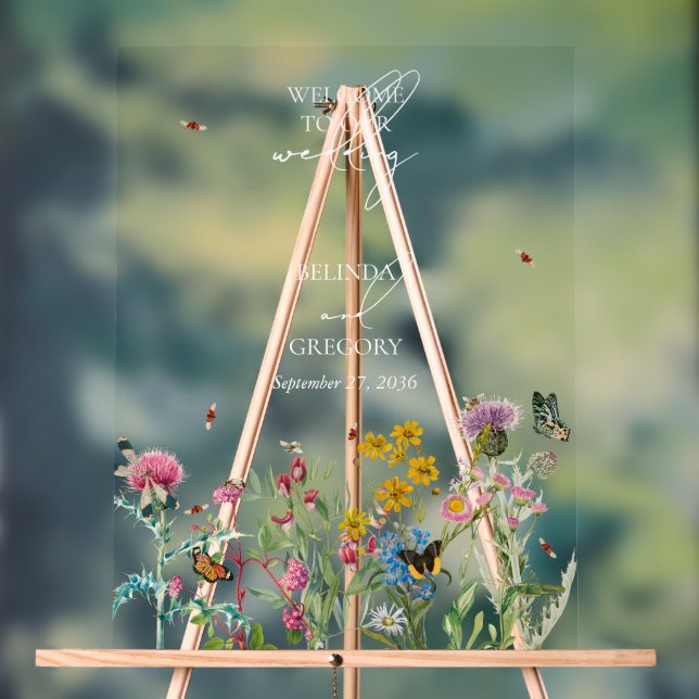 Watercolor Wildflower Garden & Insects Wedding  Acrylic Sign (Neutral)