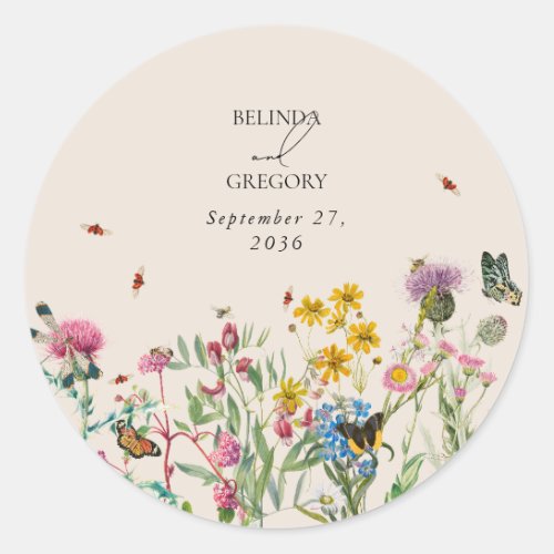 Watercolor Wildflower Garden  Insects Wedding Classic Round Sticker