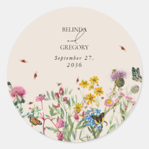 Watercolor Wildflower Garden & Insects Wedding Classic Round Sticker