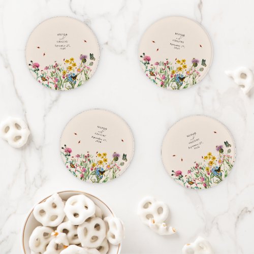 Watercolor Wildflower Garden  Insects Wedding Coaster Set