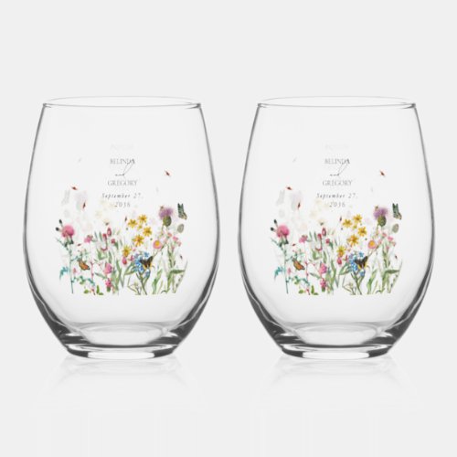 Watercolor Wildflower Garden Insects Wedding Favor Stemless Wine Glass