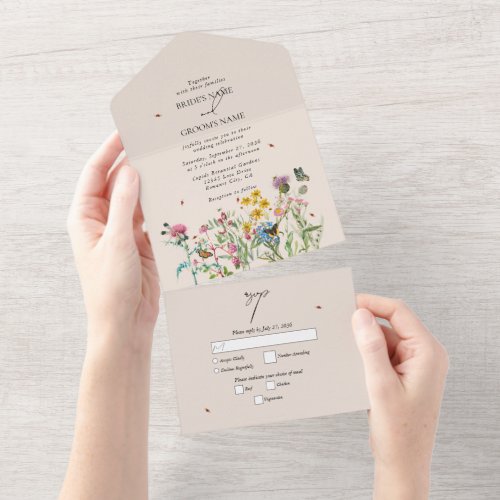 Watercolor Wildflower Garden  Insects Wedding Inv All In One Invitation