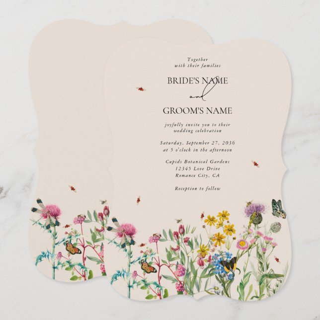 Watercolor Wildflower Garden & Insects Wedding Inv Invitation (Front/Back)