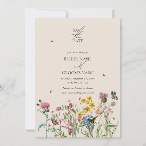 Watercolor Wildflower Garden  Insects Wedding Invitation