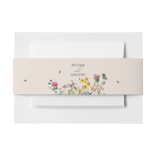 Watercolor Wildflower Garden  Insects Wedding Invitation Belly Band
