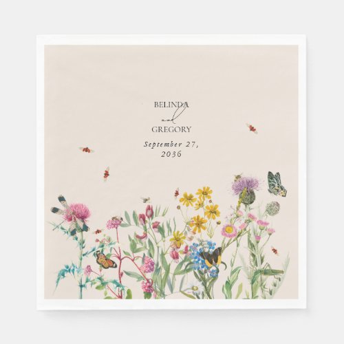 Watercolor Wildflower Garden  Insects Wedding Napkins