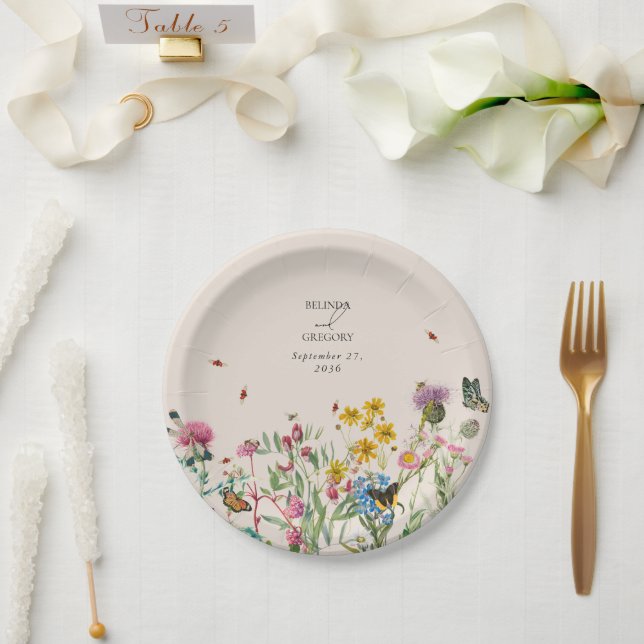 Watercolor Wildflower Garden & Insects Wedding Paper Plates (Wedding)