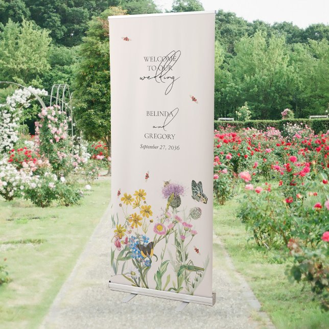 Watercolor Wildflower Garden & Insects Wedding  Retractable Banner (Watercolor Wildflower Garden & Insects Wedding Retractable Banner)