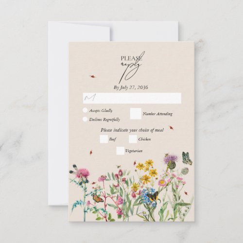 Watercolor Wildflower Garden  Insects Wedding RSVP Card