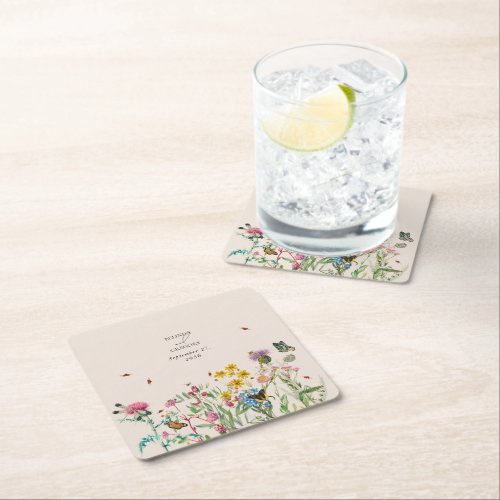 Watercolor Wildflower Garden  Insects Wedding Square Paper Coaster
