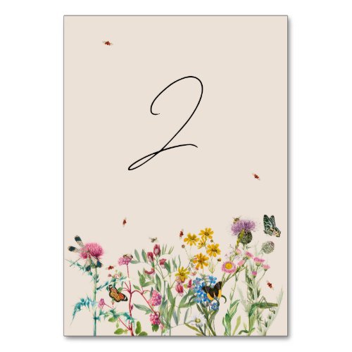 Watercolor Wildflower Garden  Insects Wedding Table Number