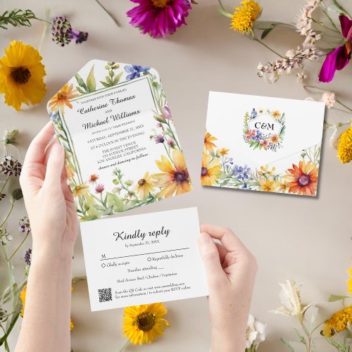 Watercolor Wildflower Garden Spring Wedding QRCode All In One Invitation