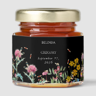 Watercolor Wildflower Garden Wedding Black Boho Honey Jar Favors