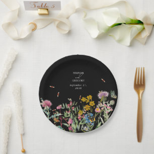 Watercolor Wildflower Garden Wedding Black Boho Paper Plates