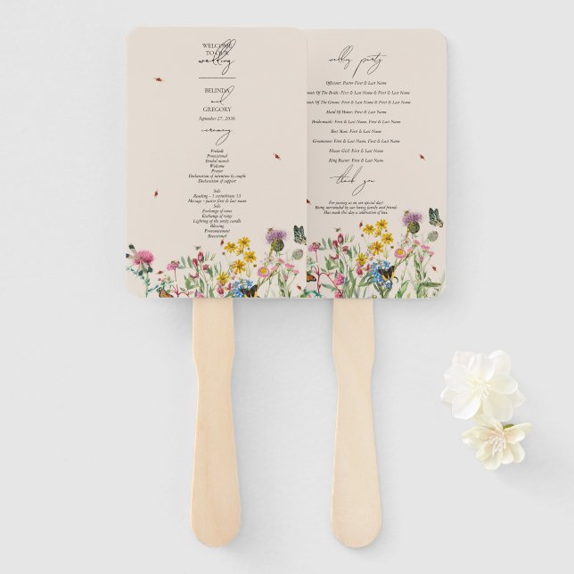 Watercolor Wildflower Garden Wedding Program Hand Fan (Front and Back)