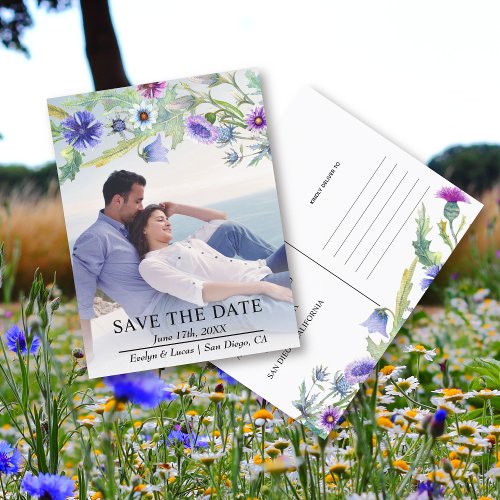 Watercolor Wildflower garland photo Save the Date Postcard