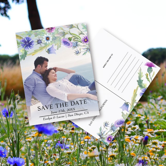 Watercolor Wildflower garland photo Save the Date Postcard (Creator Uploaded)