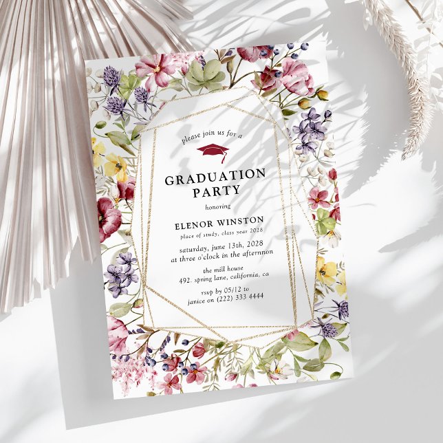 Watercolor Wildflower & Gold Graduation Party Invitation (Creator Uploaded)
