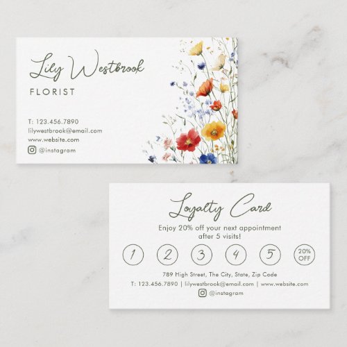 Watercolor Wildflower Green Modern Elegant Script  Loyalty Card