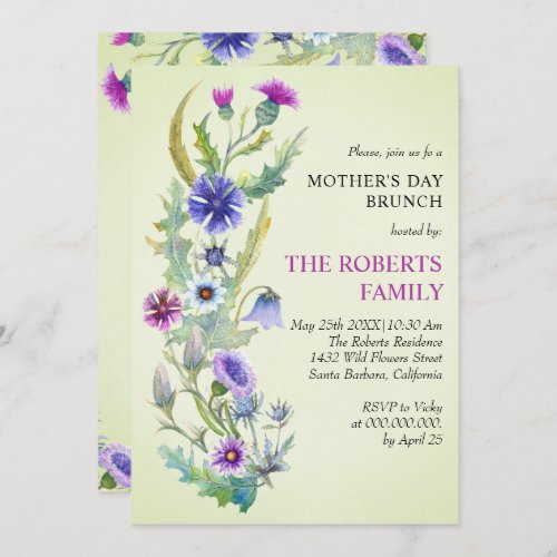 Watercolor wildflower green Mothers Day Brunch Invitation