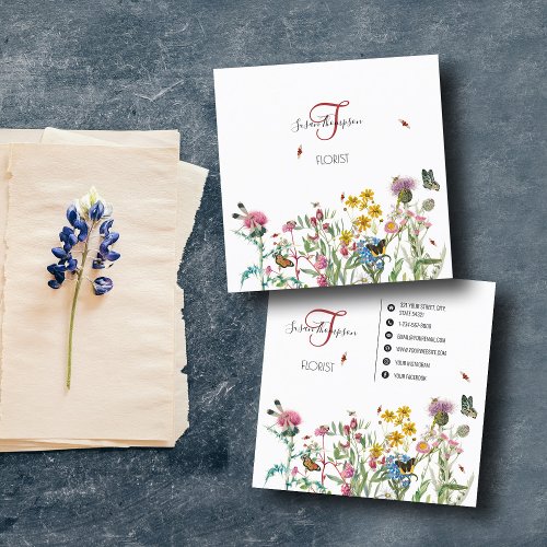 Watercolor Wildflower Insects Floral Florist Square Business Card