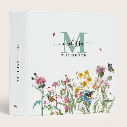Watercolor Wildflower Insects Floral Spring Garden 3 Ring Binder