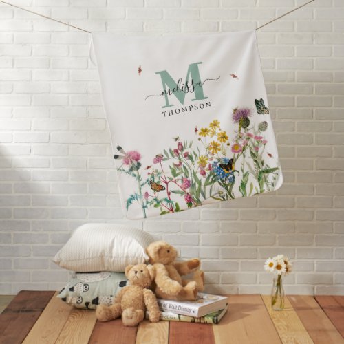 Watercolor Wildflower Insects Floral Spring Garden Baby Blanket