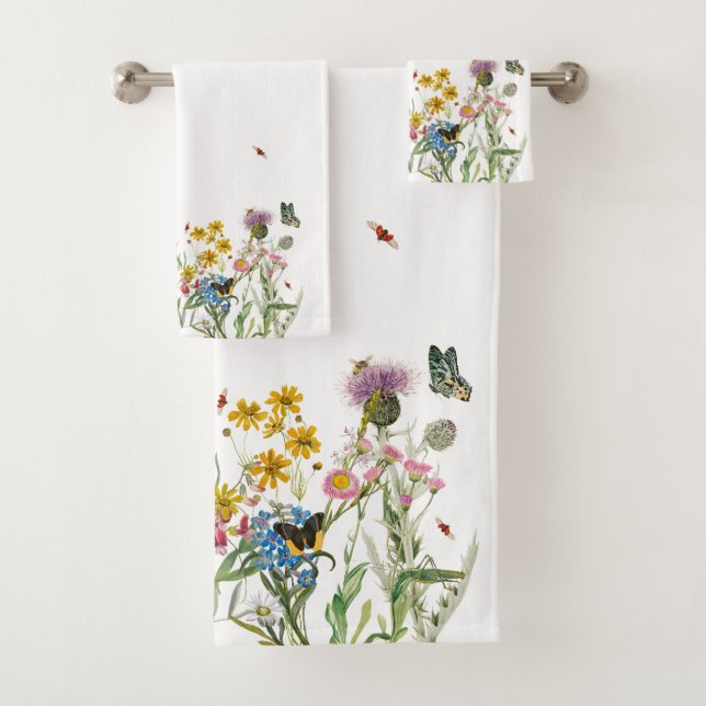 Watercolor Wildflower Insects Floral Spring Garden Bath Towel Set (Insitu)