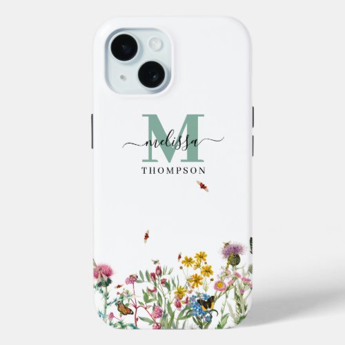 Watercolor Wildflower Insects Floral Spring Garden iPhone 15 Case