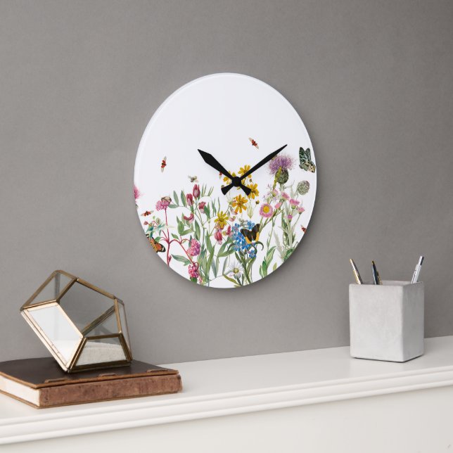 Watercolor Wildflower Insects Floral Spring Garden Large Clock (Office)