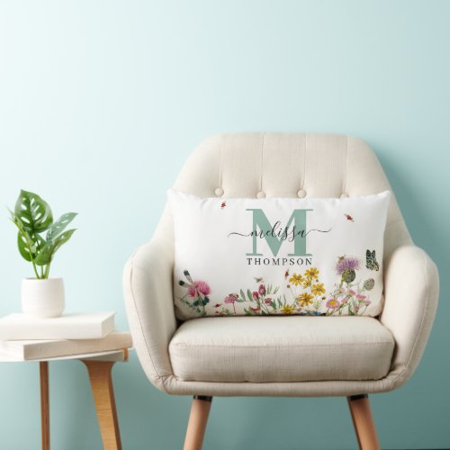 Watercolor Wildflower Insects Floral Spring Garden Lumbar Pillow
