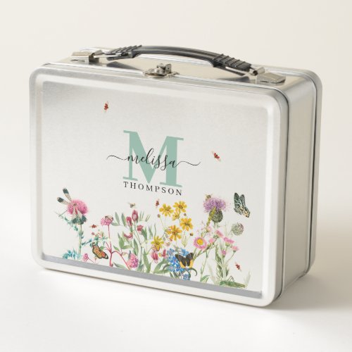 Watercolor Wildflower Insects Floral Spring Garden Metal Lunch Box