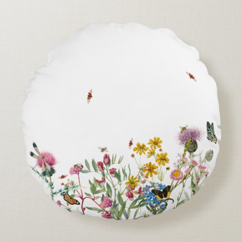Watercolor Wildflower Insects Floral Spring Garden Round Pillow