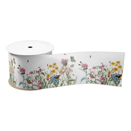 Watercolor Wildflower Insects Floral Spring Garden Satin Ribbon