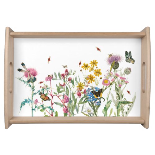 Watercolor Wildflower Insects Floral Spring Garden Serving Tray