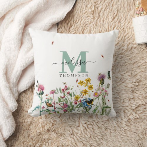 Watercolor Wildflower Insects Floral Spring Garden Throw Pillow