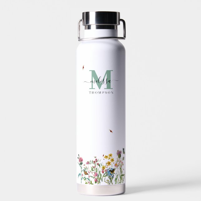 Watercolor Wildflower Insects Floral Spring Garden Water Bottle (Back)
