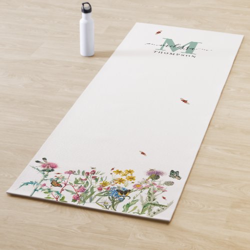 Watercolor Wildflower Insects Floral Spring Garden Yoga Mat