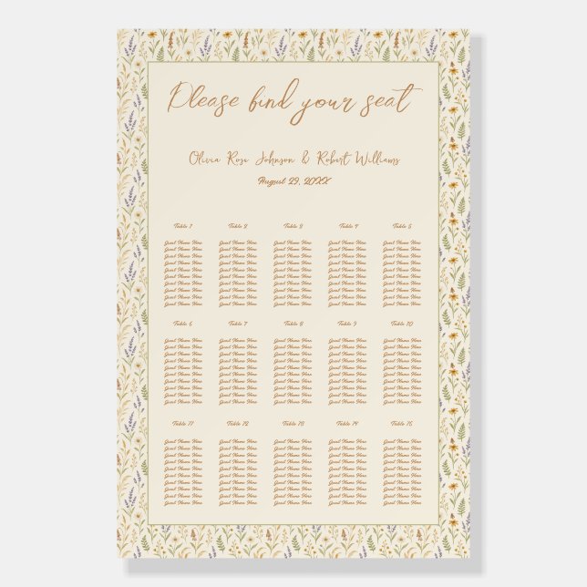 Watercolor Wildflower Large Wedding Seating Chart Foam Board (Front)