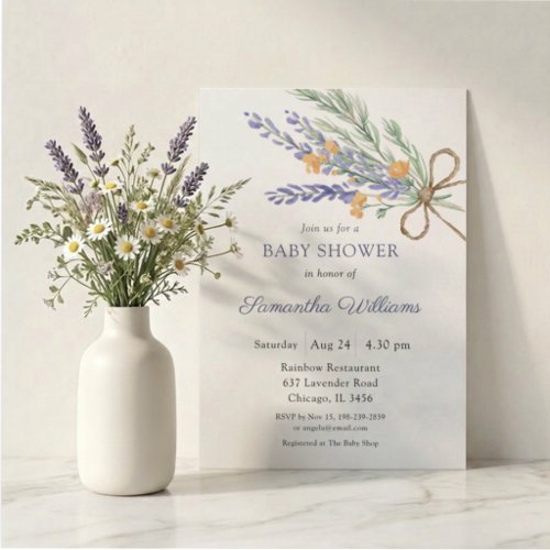 Watercolor Wildflower Lavender Baby Shower Invitation