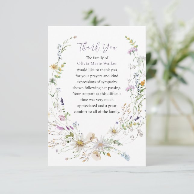 Watercolor Wildflower Lavender Funeral Thank You Card (Standing Front)