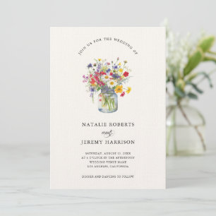 Watercolor Wildflower Mason Jar Rustic Wedding Invitation