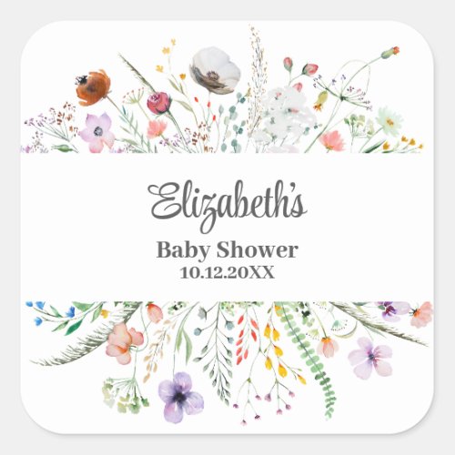 Watercolor Wildflower Meadow Baby Shower  Square Sticker