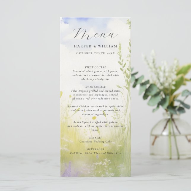 Watercolor wildflower meadow clouds wedding menu (Standing Front)