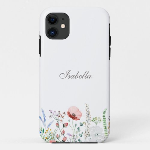 Watercolor Wildflower Meadow Custom Name iPhone 11 Case