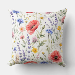 Watercolor Wildflower Meadow Floral Pattern Throw Pillow