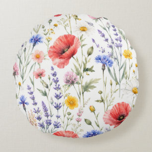 Watercolor Wildflower Meadow Floral Round Pillow