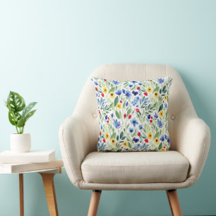 Watercolor Wildflower Meadow Floral Throw Pillow