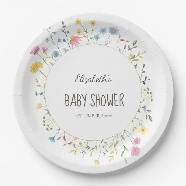 Watercolor Wildflower Meadow Frame Paper Plates (Front)