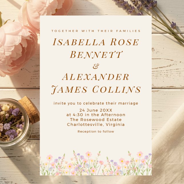 Watercolor Wildflower Meadow Pastel Botanical  Invitation (A sun-kissed meadow of soft pastel wildflowers anchors the bottom of this dreamy invitation.)